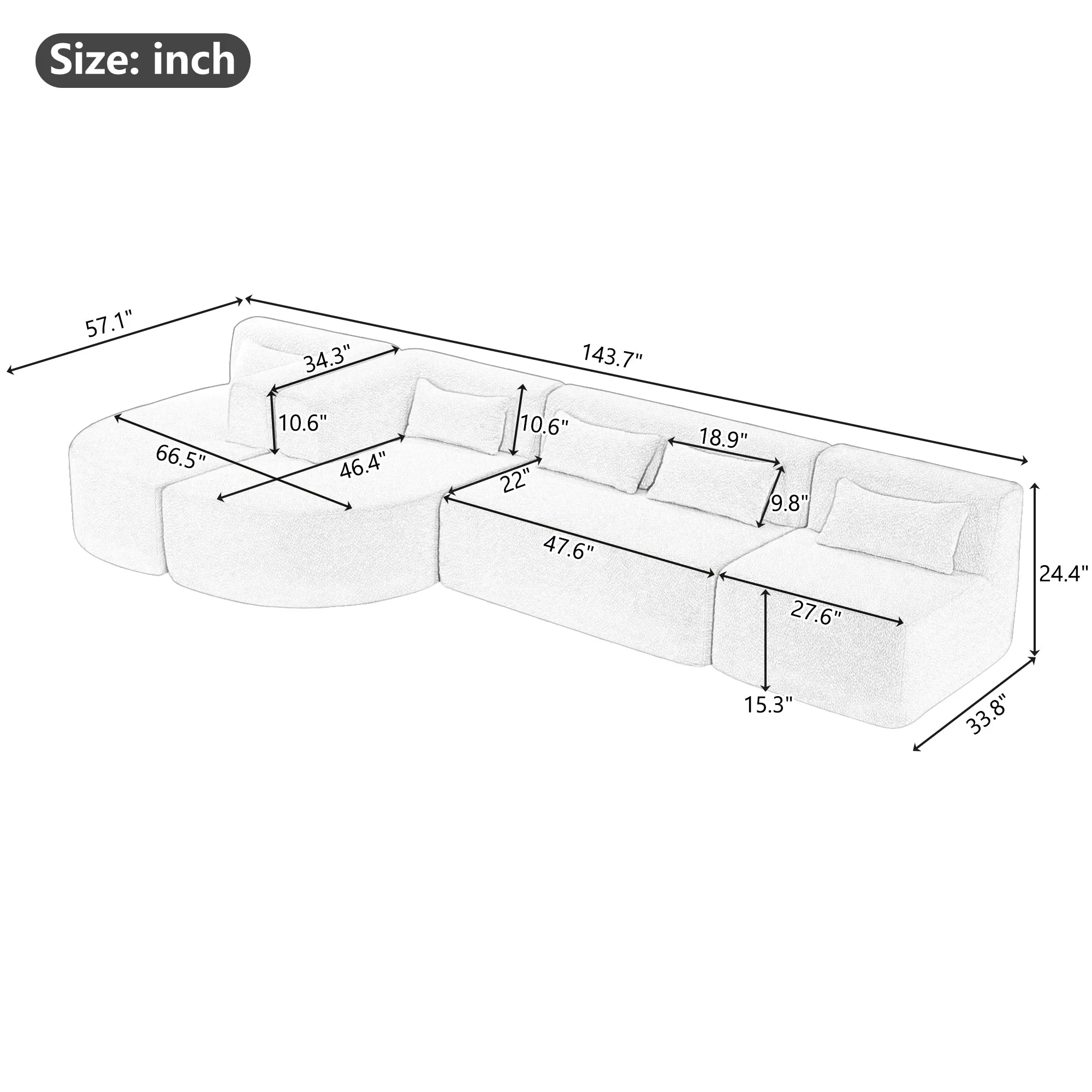 143.7" Upholstered Sofa with Two Chaise Lounge, Five Back Pillows, Light Gray - Living Room Couch