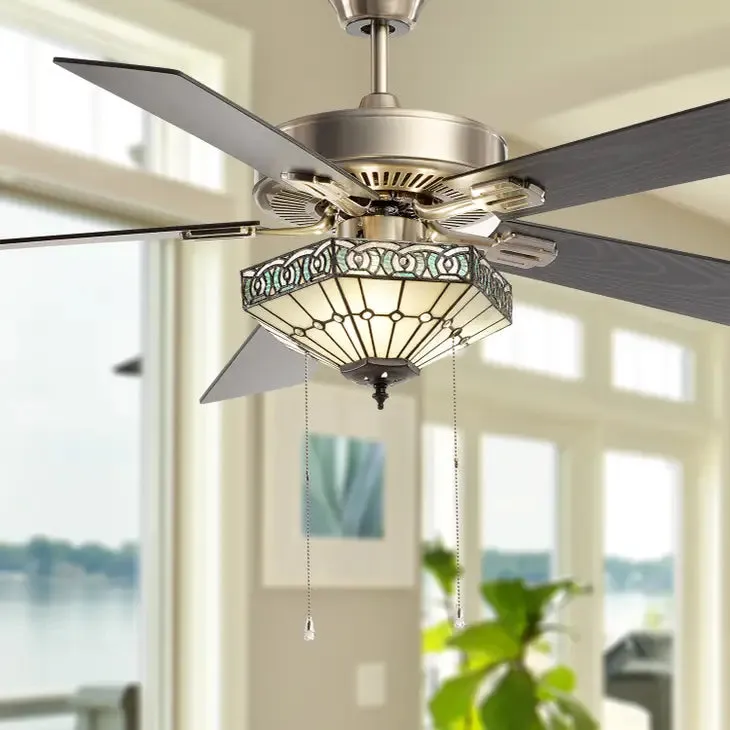 52"W Sadie White Tiffany Style Nickel Ceiling Fan
