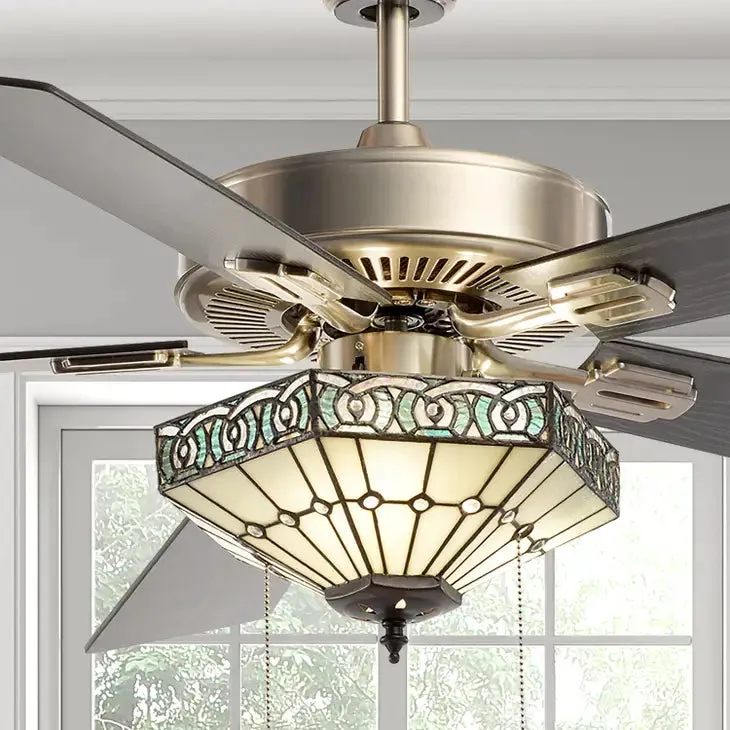 52"W Sadie White Tiffany Style Nickel Ceiling Fan