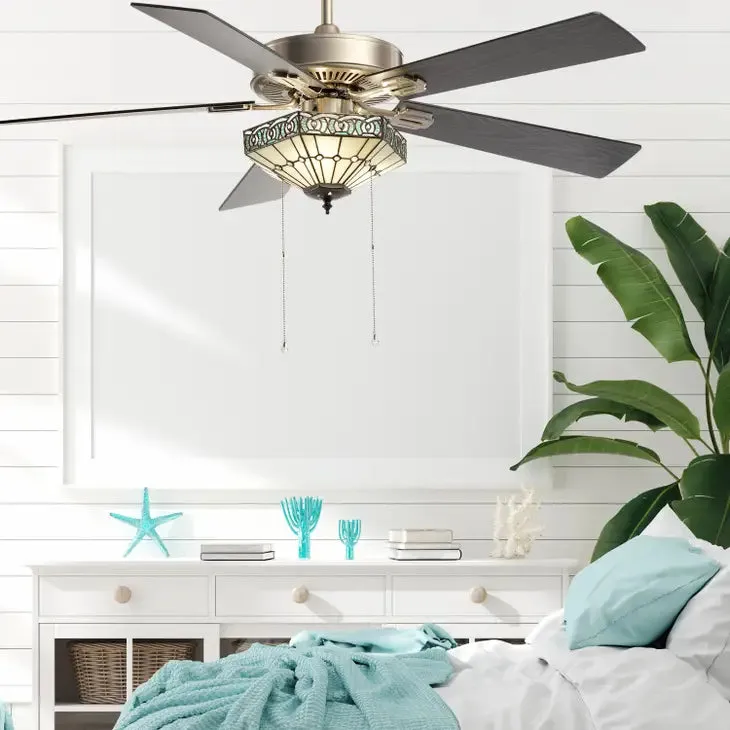 52"W Sadie White Tiffany Style Nickel Ceiling Fan