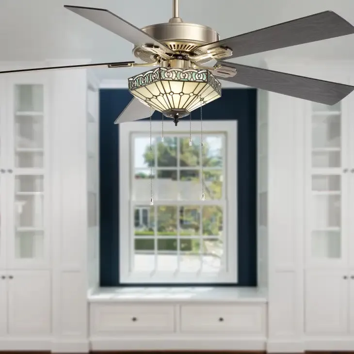52"W Sadie White Tiffany Style Nickel Ceiling Fan