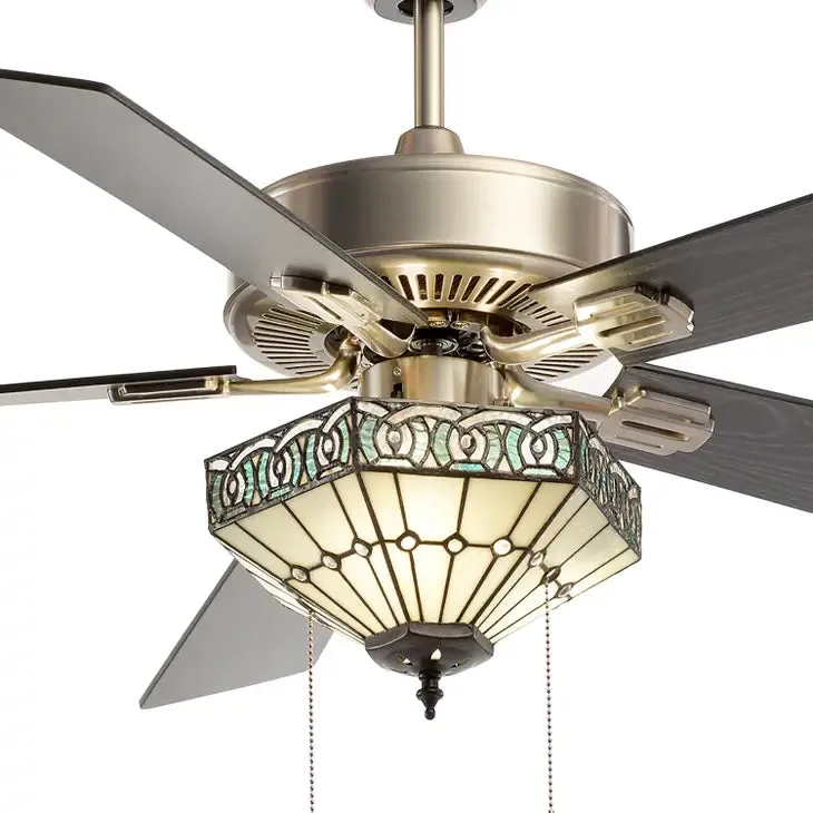 52"W Sadie White Tiffany Style Nickel Ceiling Fan