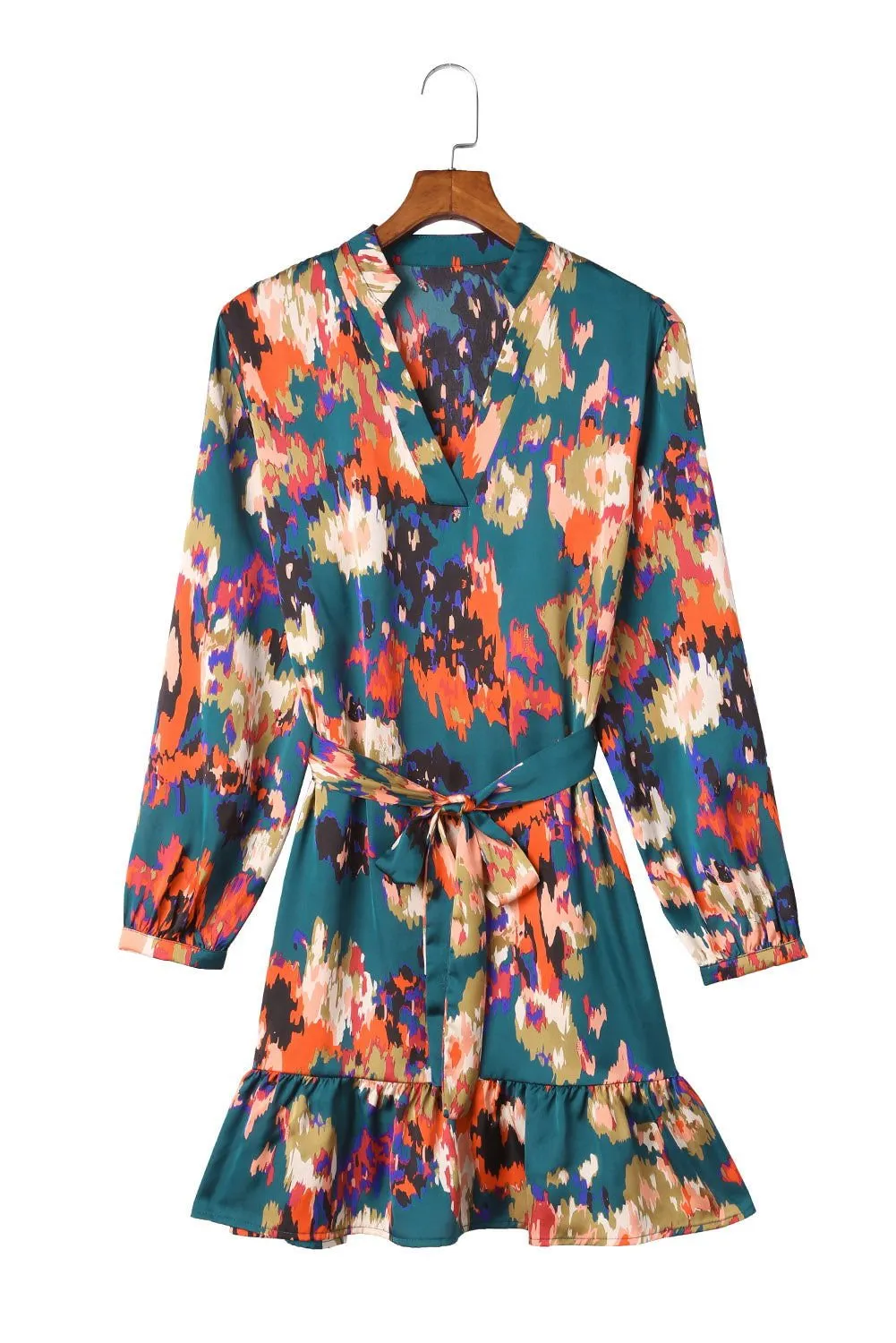 Abstract Print Waist Belted Flounce Hem Split V Neck Long Sleeve Dress