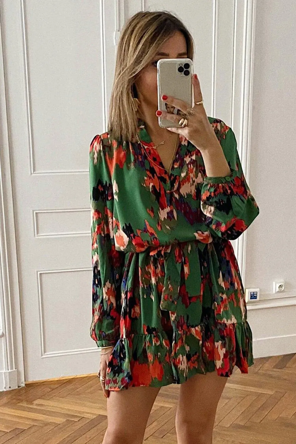 Abstract Print Waist Belted Flounce Hem Split V Neck Long Sleeve Dress
