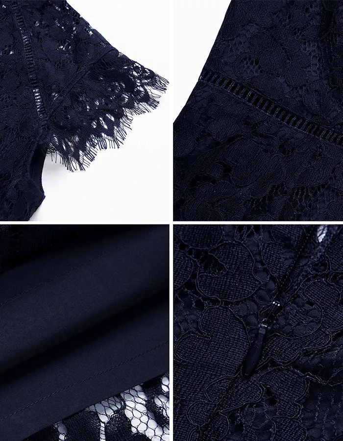 ALLOVIN Women's Sleeveless V-Back Floral Lace Cocktail Party Dress Elegant Knee Length Wedding Guest Dress Navy Blue