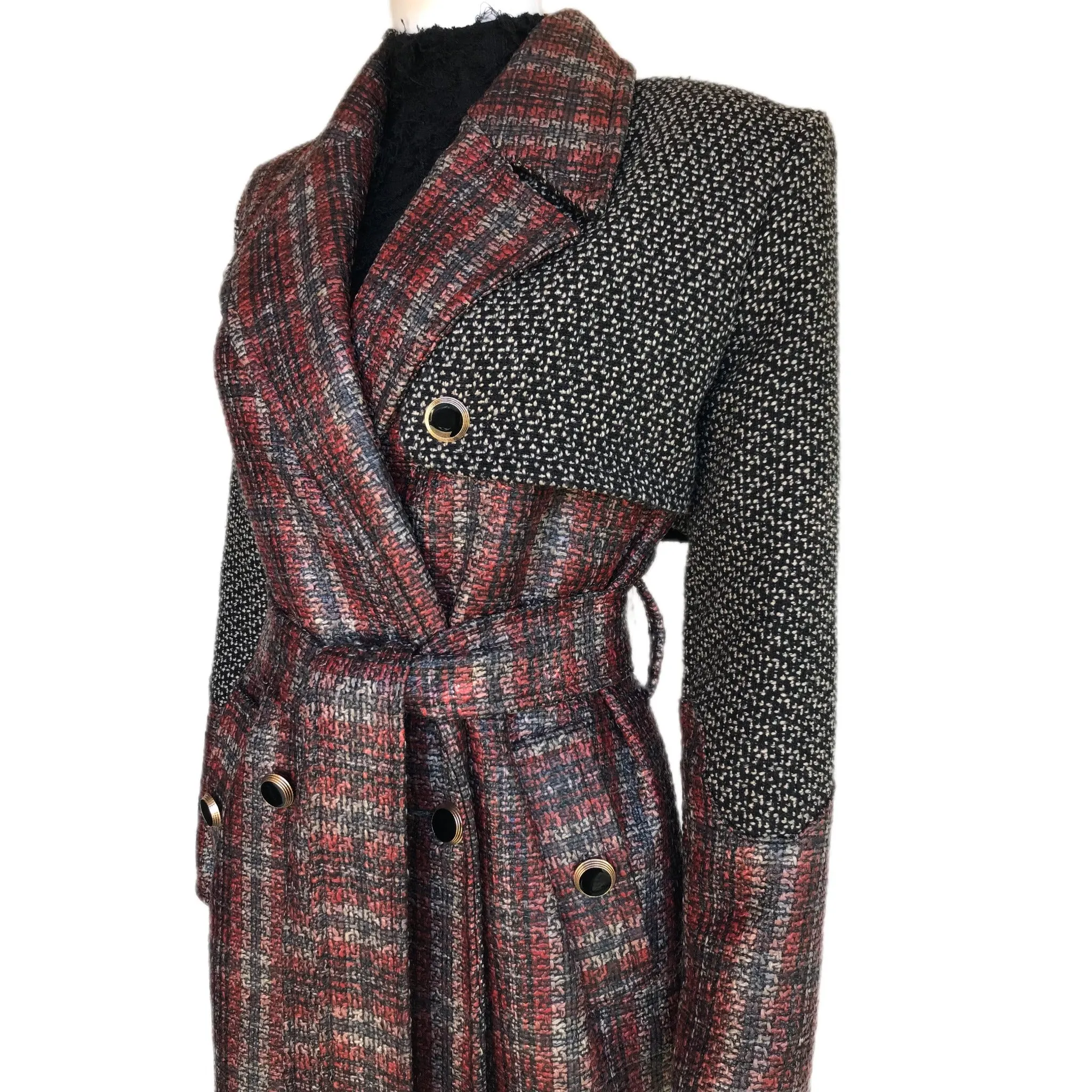 Baked Apple Plaid Laminated Tweed Trench Coat - Sz. Small