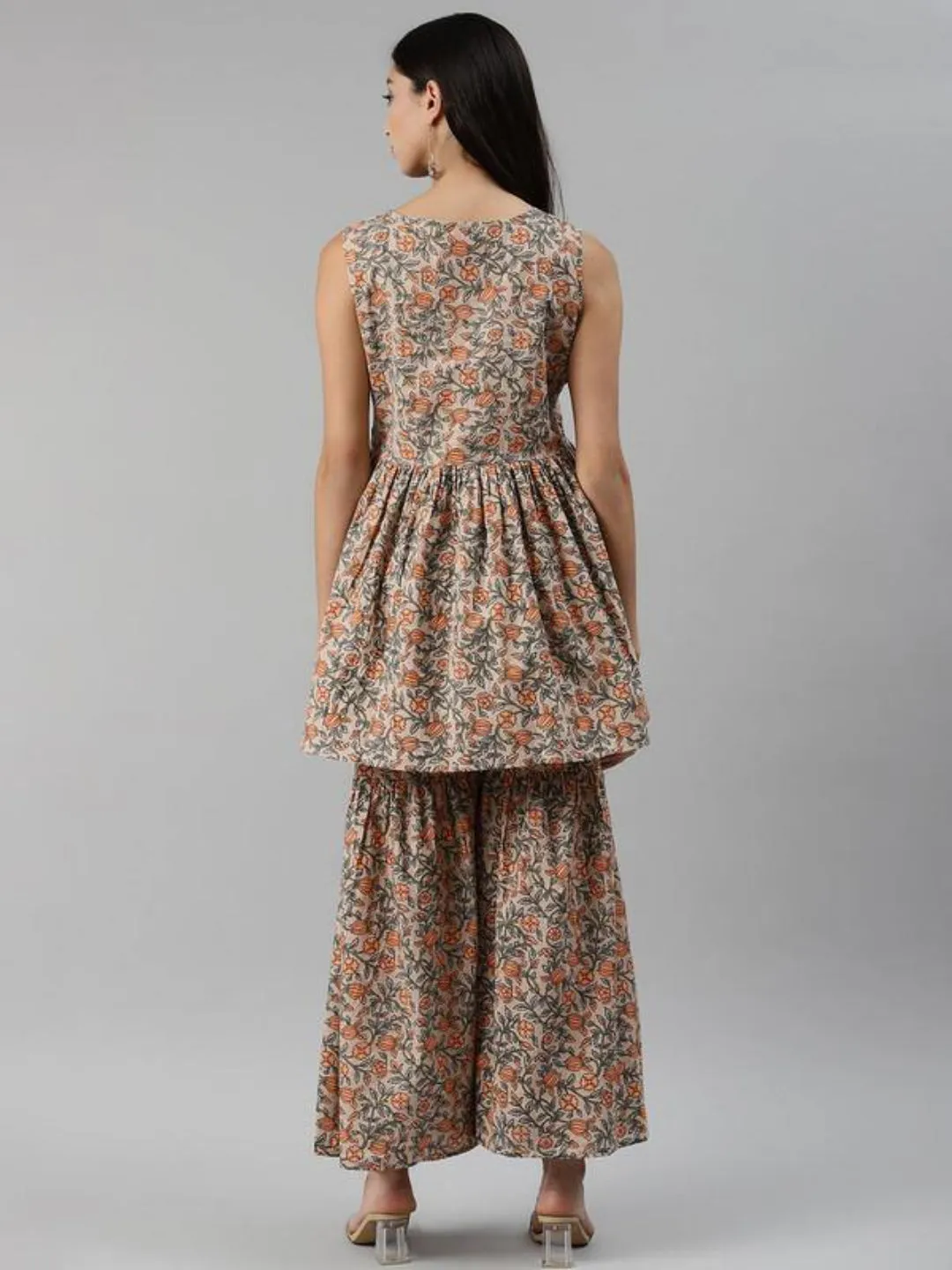 Beige & Orange Print Kurta With Sharara
