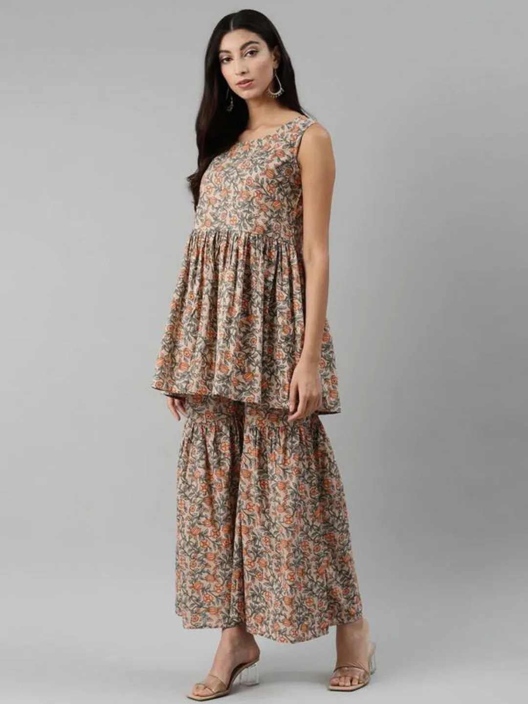 Beige & Orange Print Kurta With Sharara
