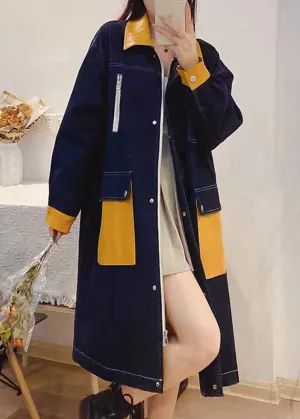 Bohemian Denim Blue Peter Pan Collar Patchwork Zippered Button Linen Long Trench Coats Fall TQ1035