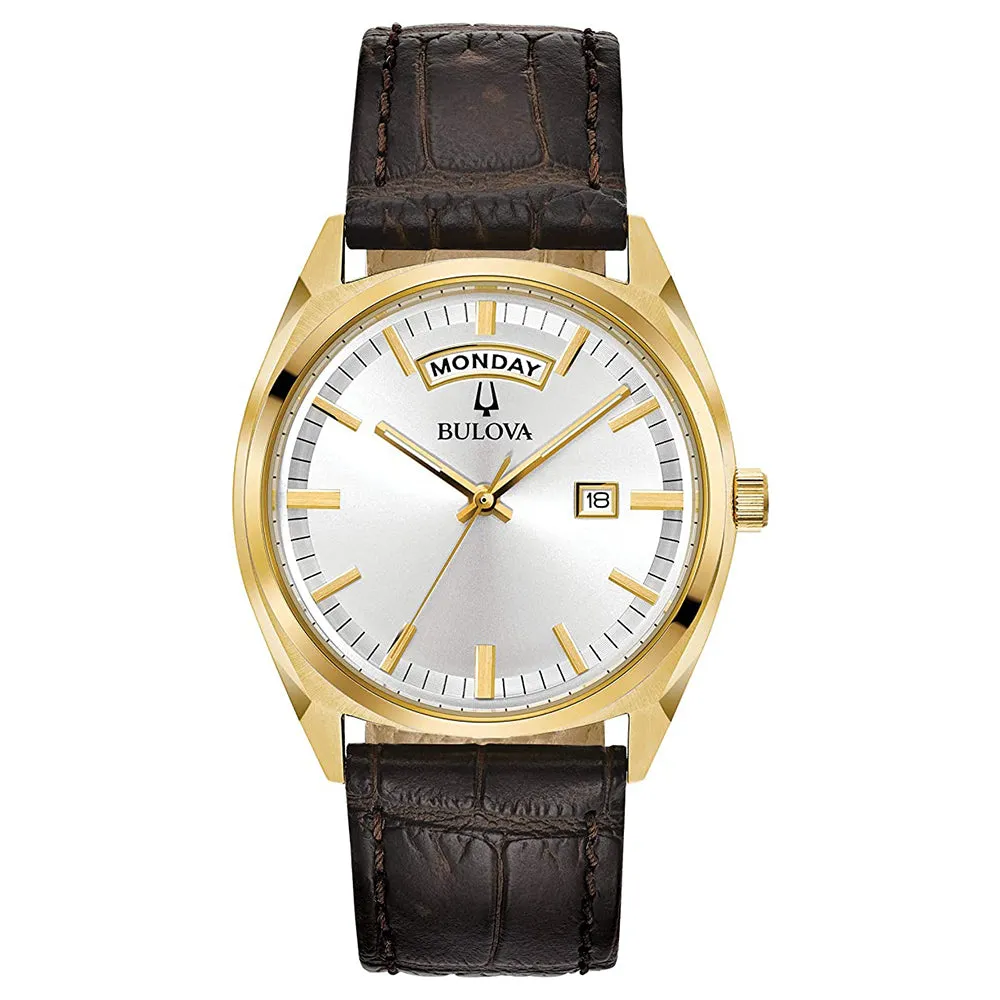 Bulova Mens Classic Silver Tone Dial Brown Leather-Crocodile Strap Stainless Steel Quartz Watch - 97C106