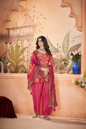 Captivating Floral Printed Red  Silk Salwar Kameez
