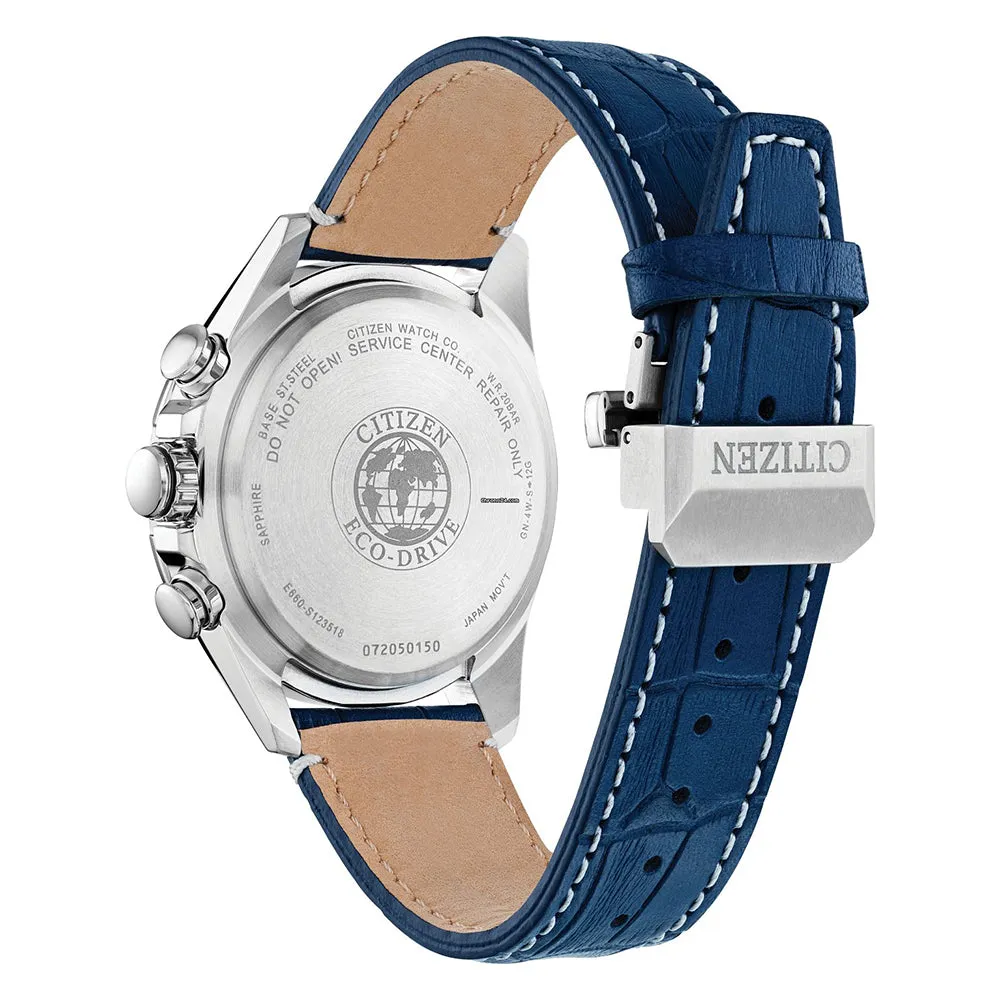 Citizen Mens Eco-Drive Perpetual Chrono AT Blue Dial Leather Strap Watch - CB5918-02L