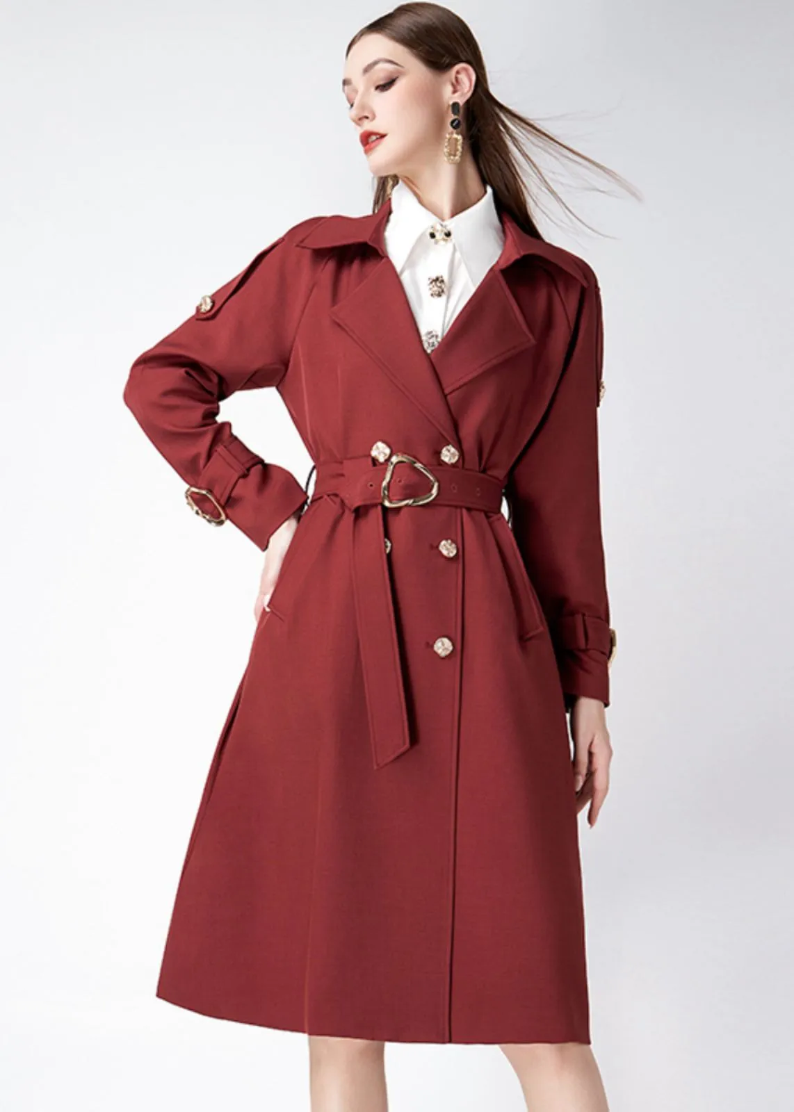 Claret Epaulette Belted Double Breasted Trench Coat