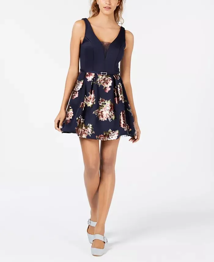 Crystal Doll Juniors' Foil-Print Fit & Flare Dress