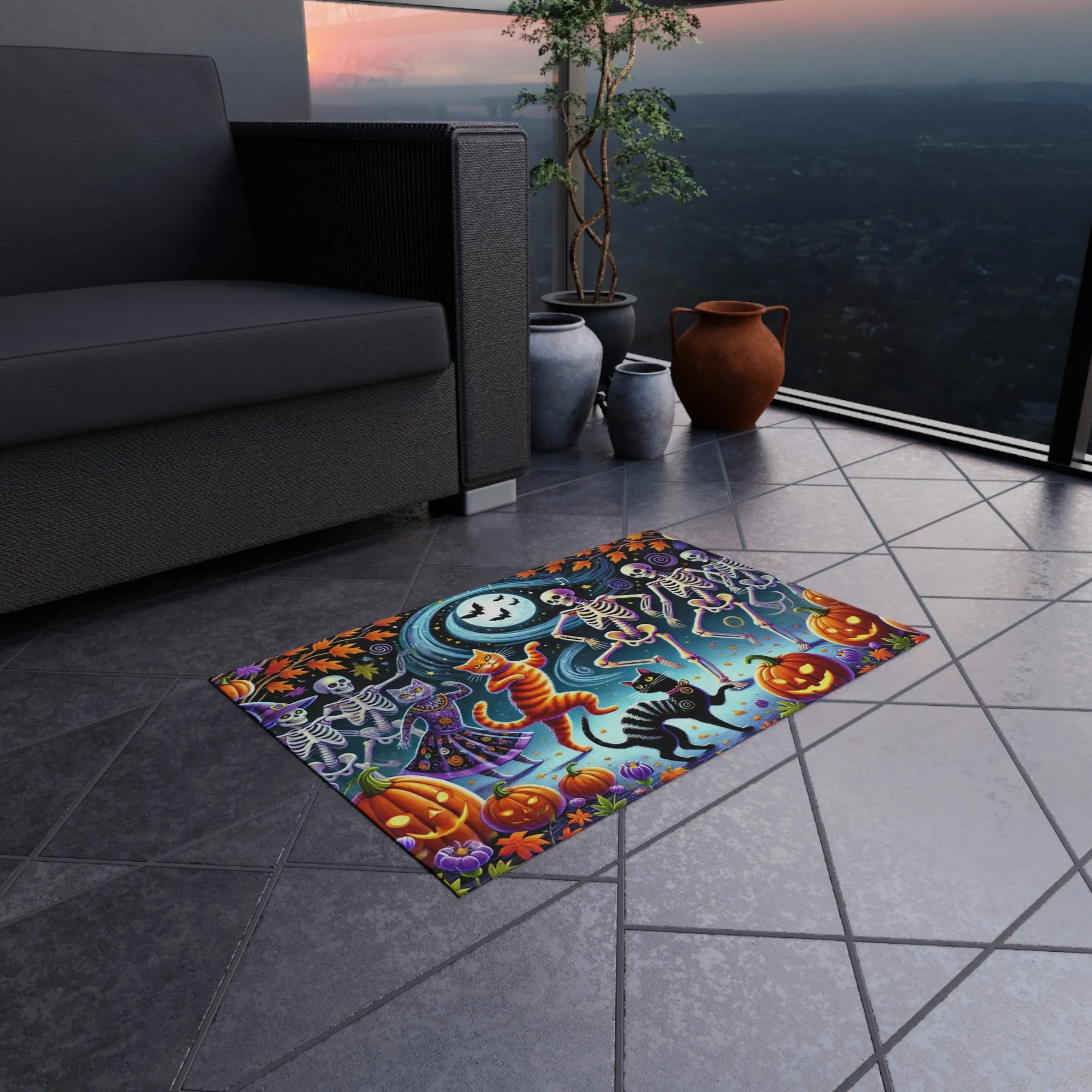 Dancing Skeletons - Cat Lover Halloween Decor- Indoor/Outdoor Rug