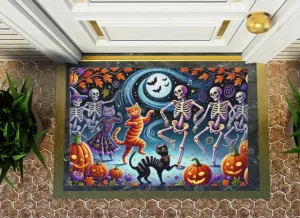 Dancing Skeletons - Cat Lover Halloween Decor- Indoor/Outdoor Rug