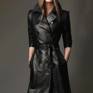Elegant Handmade Women's Lambskin Leather Long Trench Coat in Timeless Black