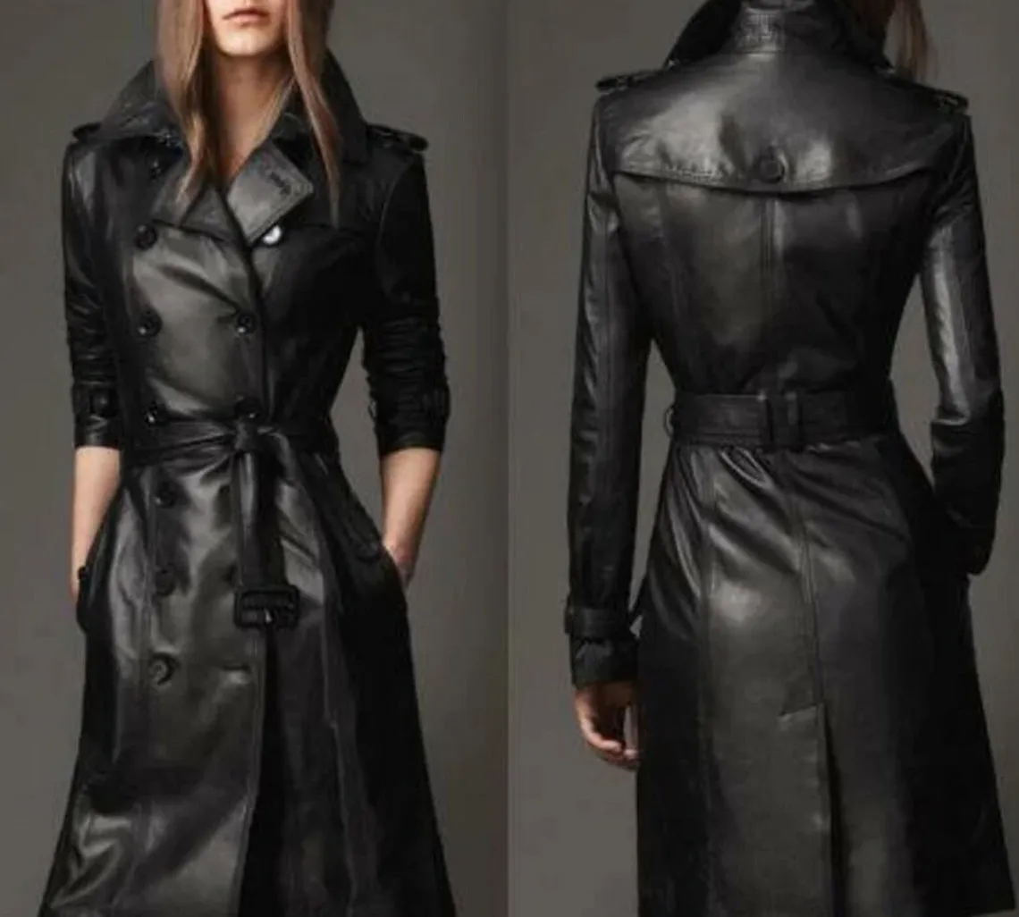 Elegant Handmade Women's Lambskin Leather Long Trench Coat in Timeless Black