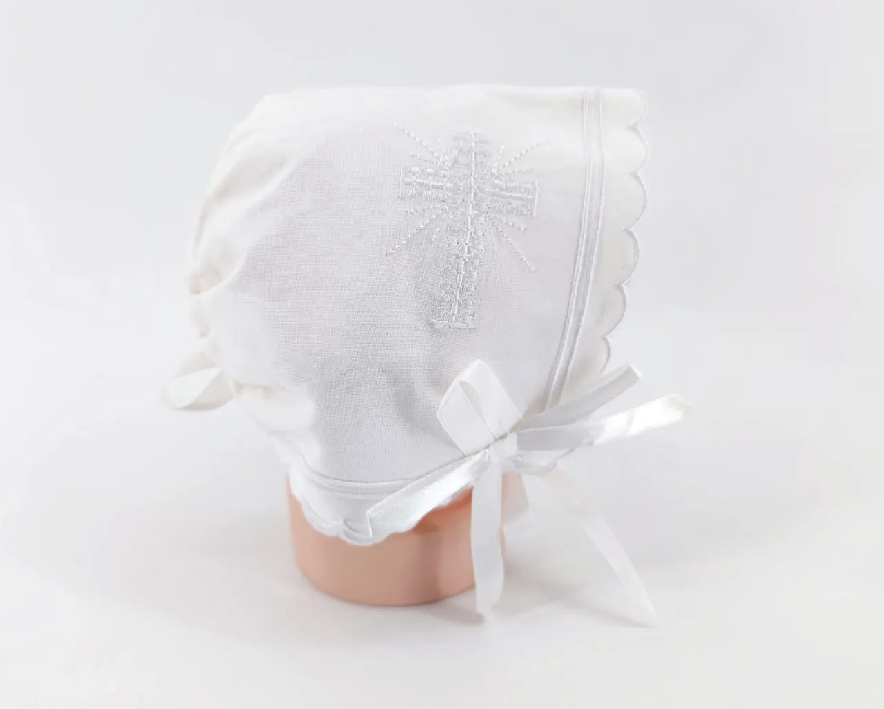 Embroidered Cross Baby Christening Bonnet