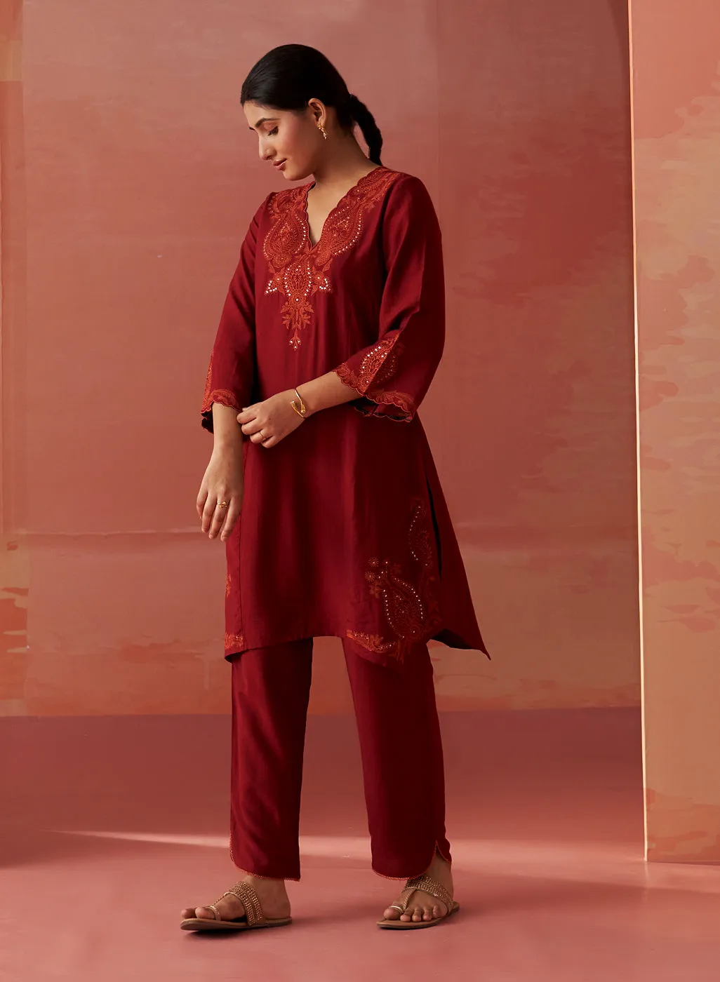 Faiza Maroon Embroidered Co-ord Set for Women