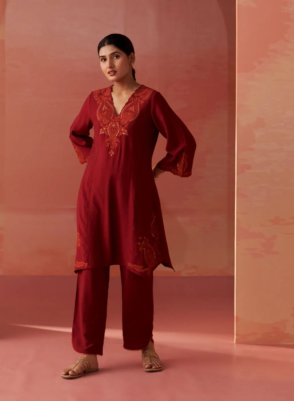 Faiza Maroon Embroidered Co-ord Set for Women