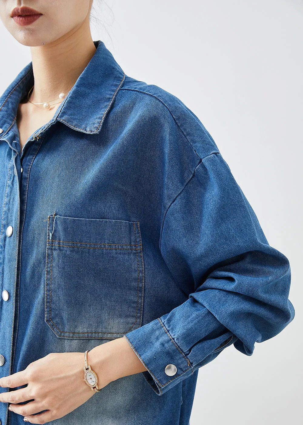 Fashion Blue Button Down Side Open Denim Trench Coats Fall LY9276