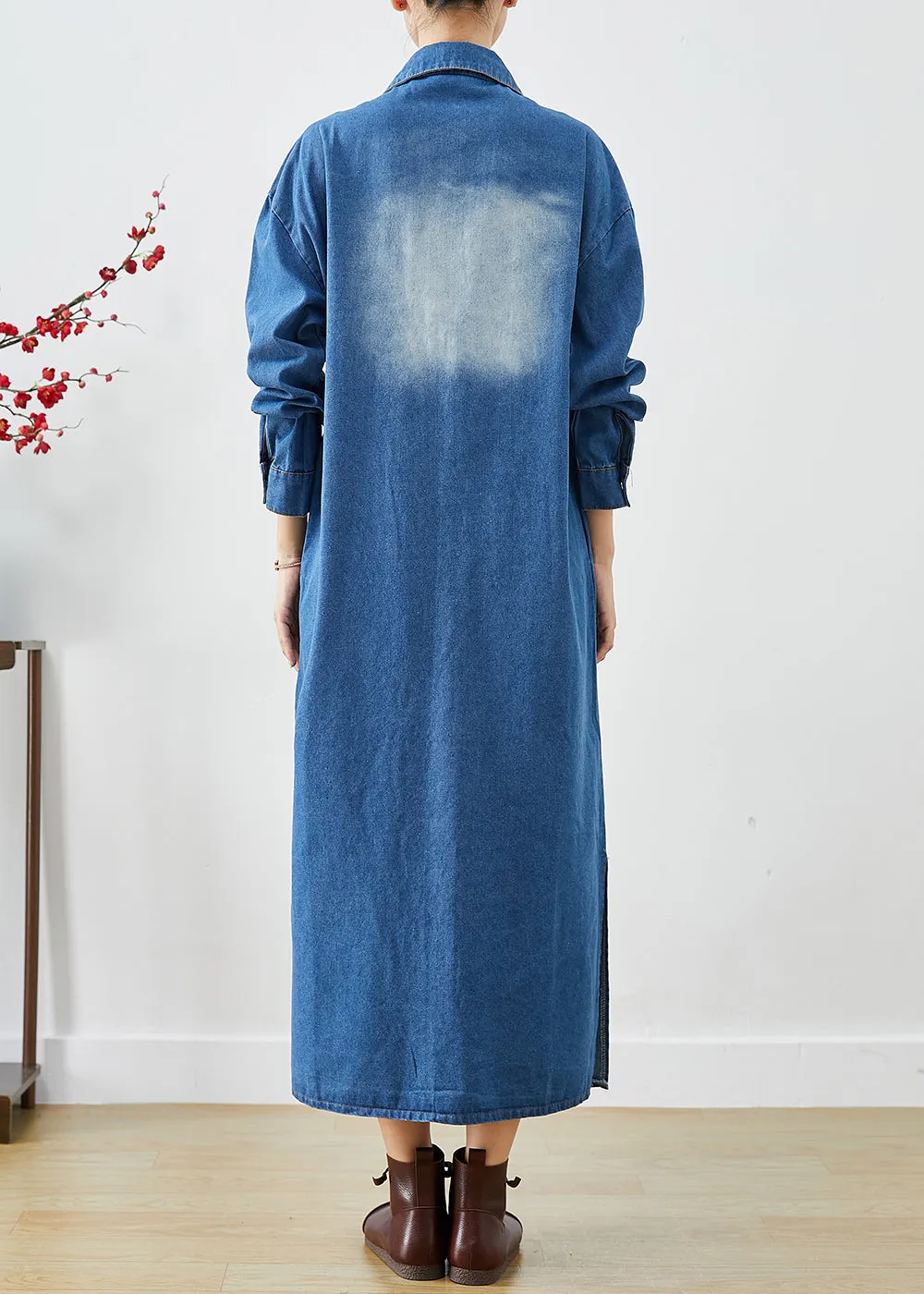 Fashion Blue Button Down Side Open Denim Trench Coats Fall LY9276