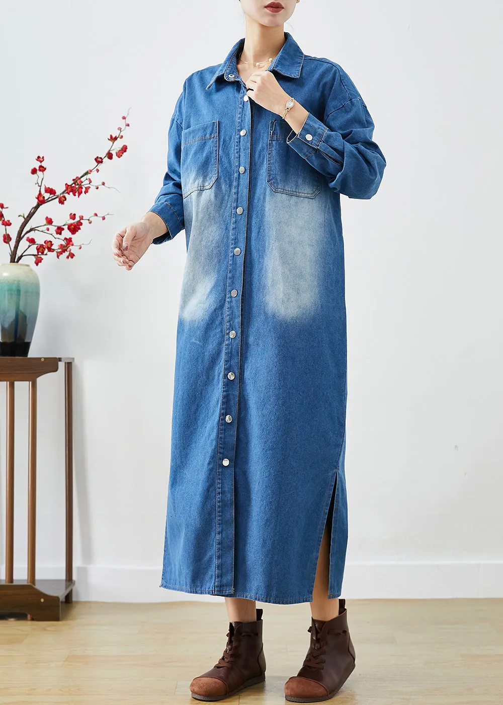 Fashion Blue Button Down Side Open Denim Trench Coats Fall LY9276