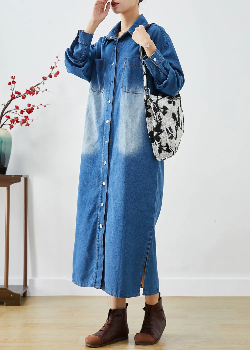 Fashion Blue Button Down Side Open Denim Trench Coats Fall LY9276