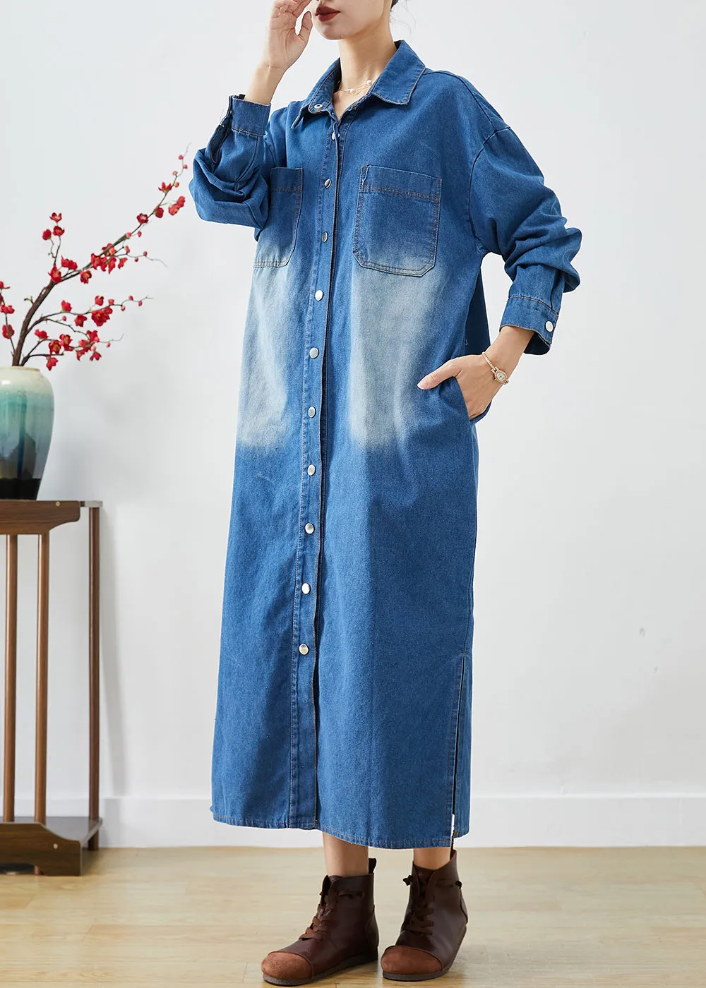 Fashion Blue Button Down Side Open Denim Trench Coats Fall LY9276