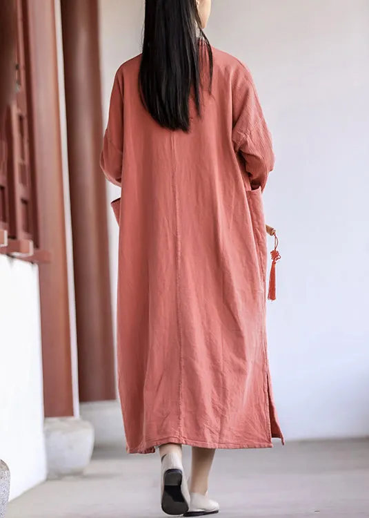 Fashion Brick Red Button Pockets Patchwork Cotton Long Coat Fall ML0058