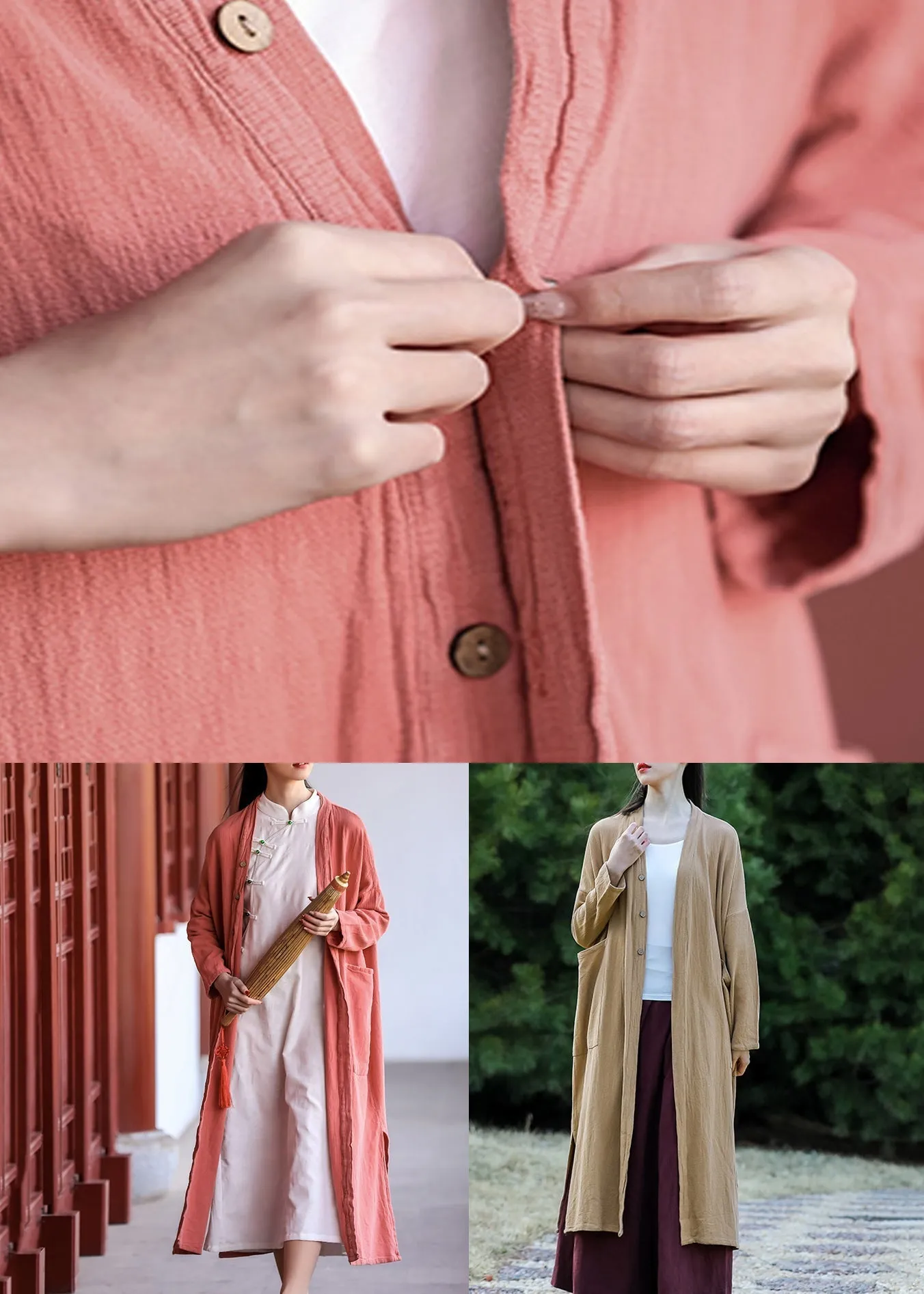 Fashion Brick Red Button Pockets Patchwork Cotton Long Coat Fall ML0058