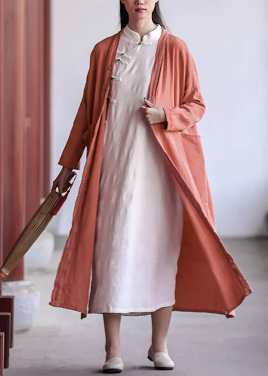 Fashion Brick Red Button Pockets Patchwork Cotton Long Coat Fall ML0058