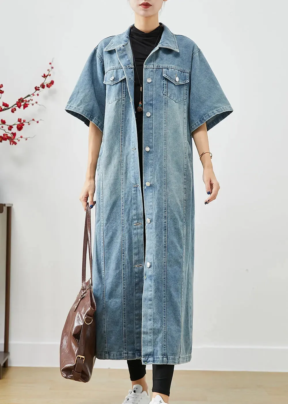 French Denim Blue Oversized Pockets Cotton Trench Short Sleeve ML3210