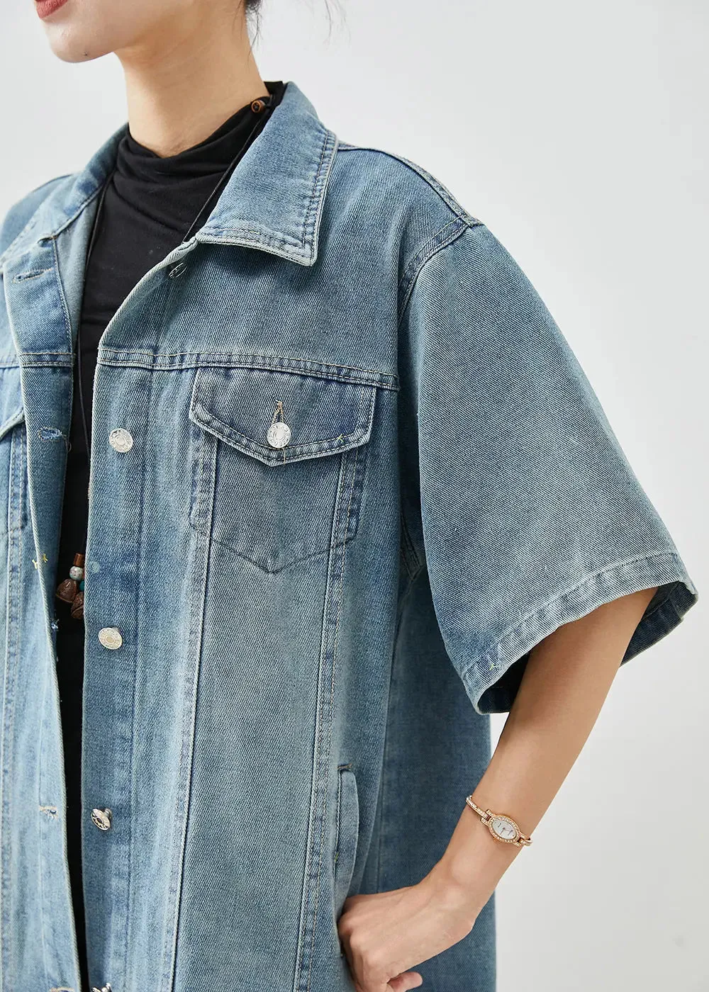 French Denim Blue Oversized Pockets Cotton Trench Short Sleeve ML3210