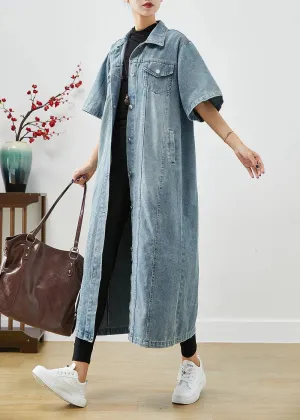 French Denim Blue Oversized Pockets Cotton Trench Short Sleeve ML3210