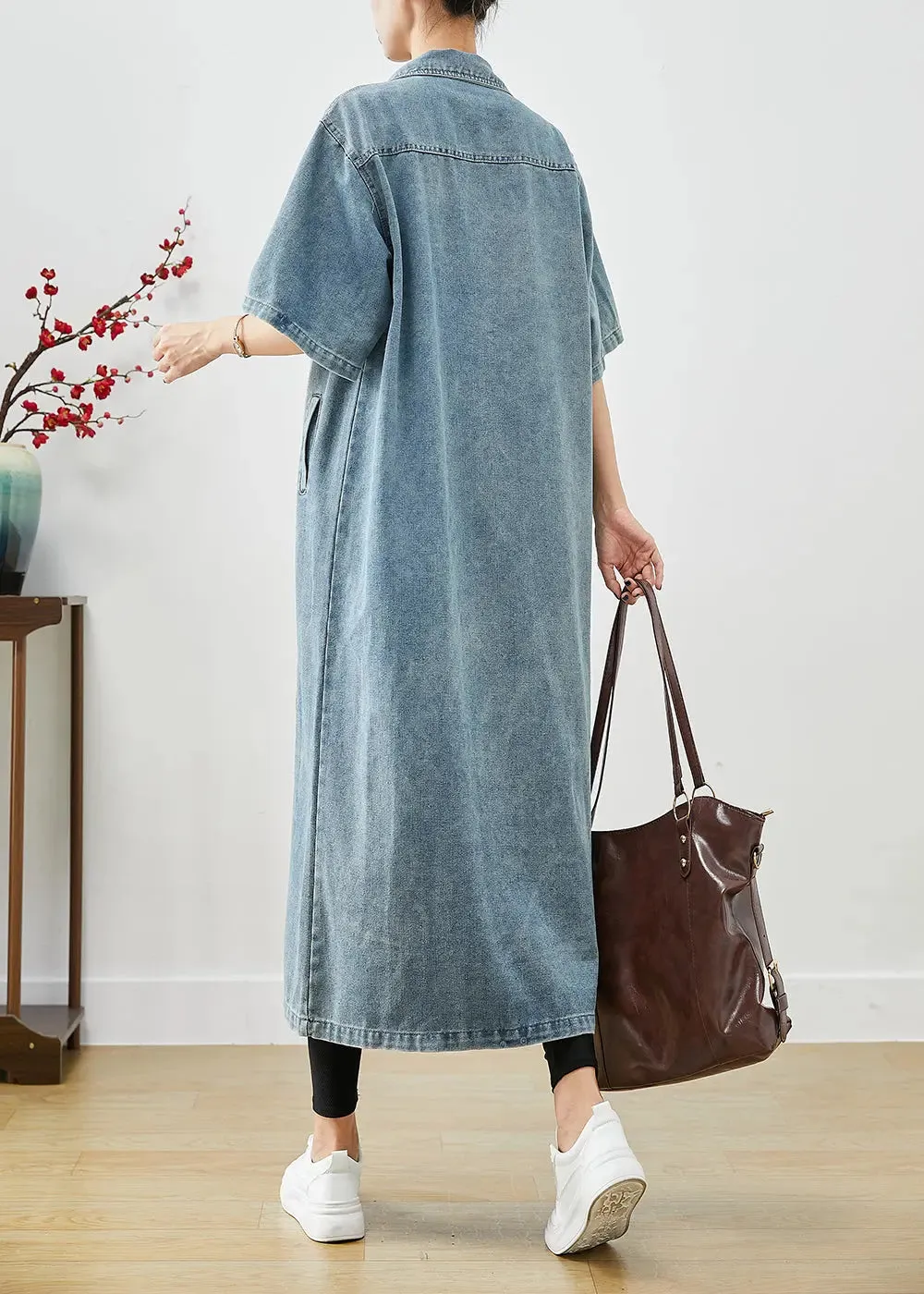 French Denim Blue Oversized Pockets Cotton Trench Short Sleeve ML3210