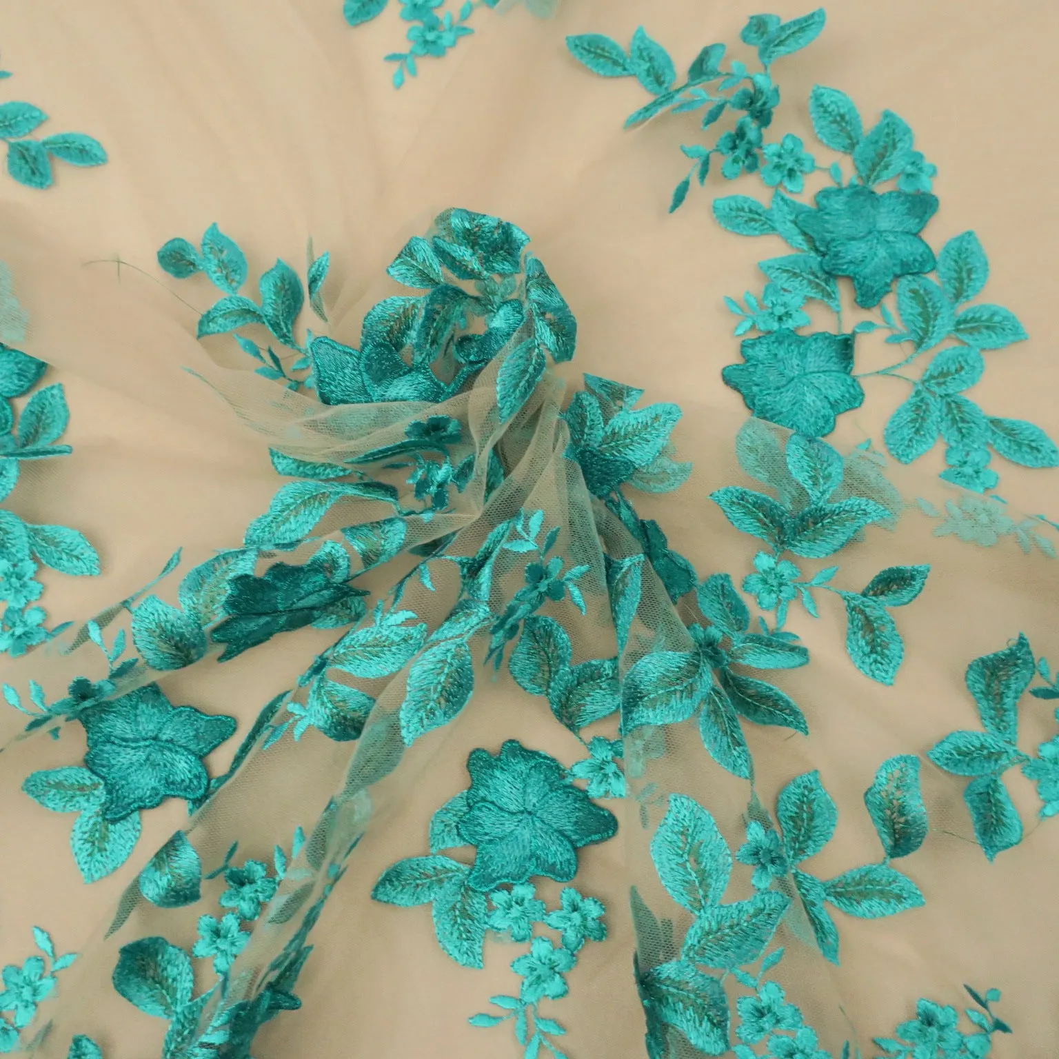 Green 3D High Relief Embroidery Tulle Fabric