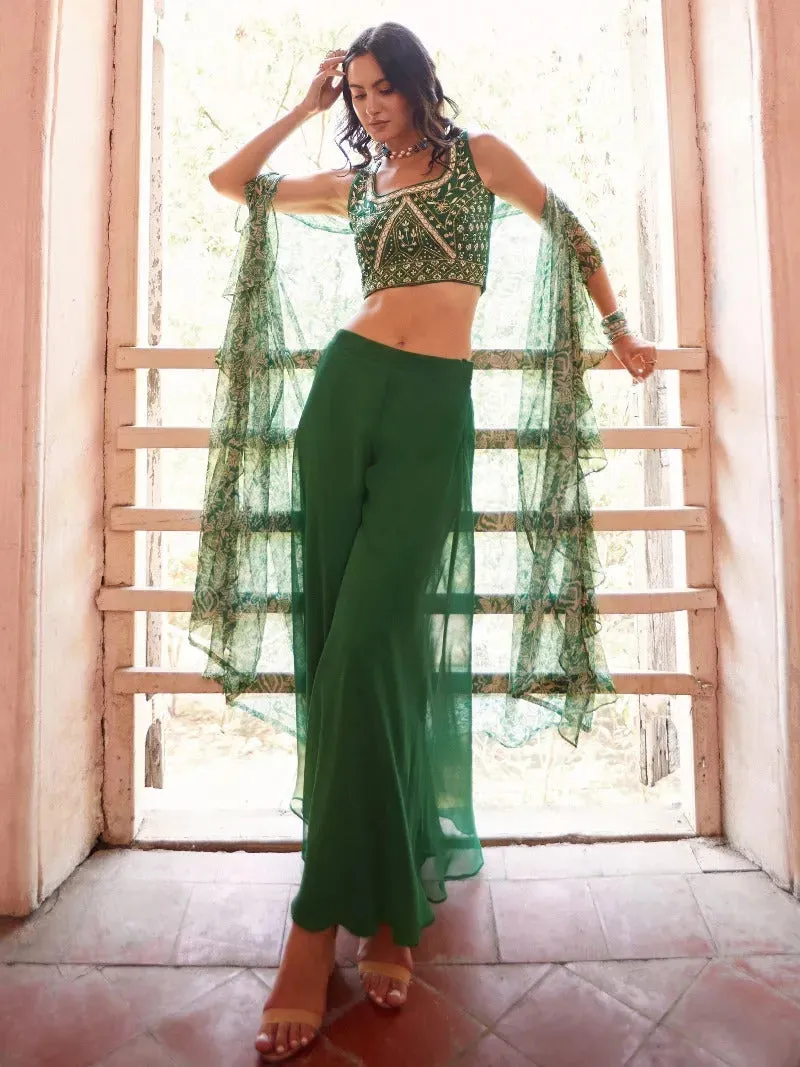Green georgette embroidered blouse jacket style co-ord