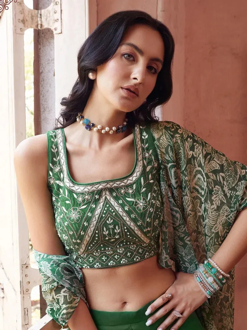 Green georgette embroidered blouse jacket style co-ord