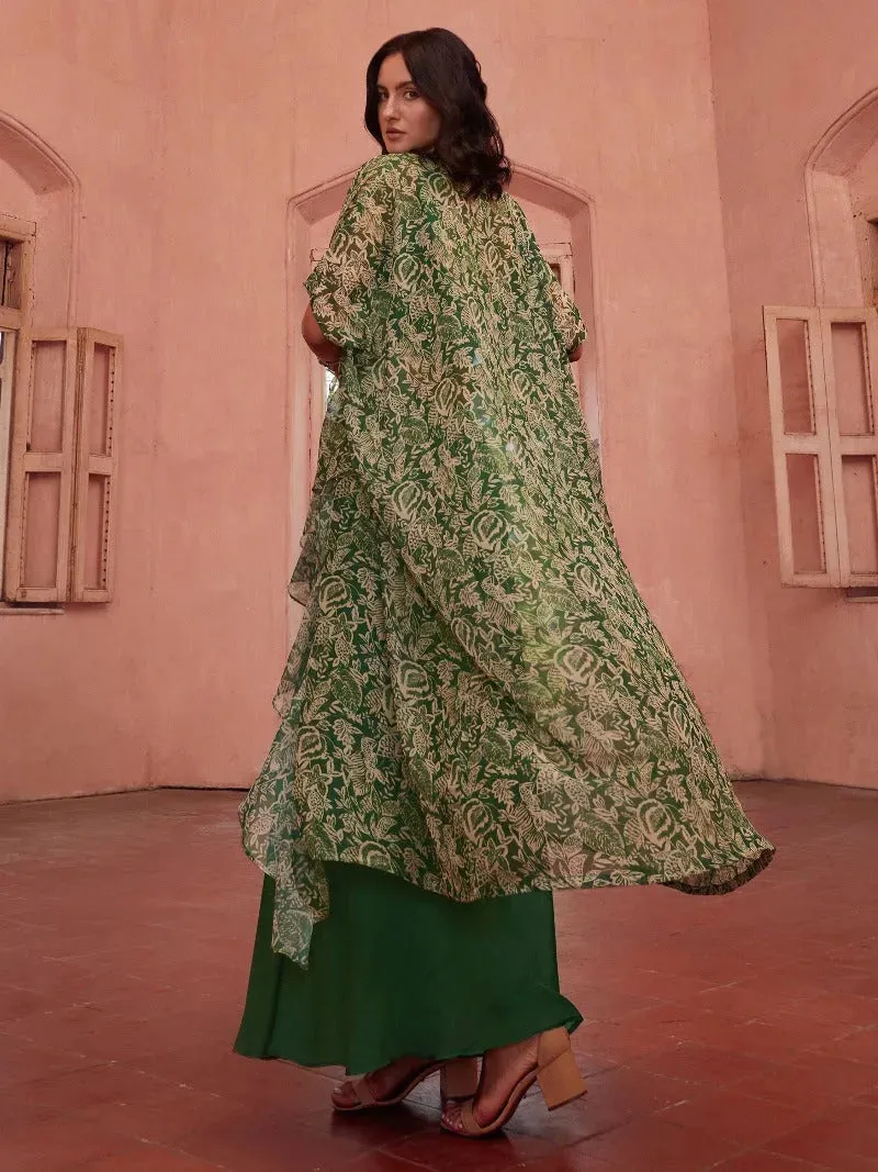 Green georgette embroidered blouse jacket style co-ord