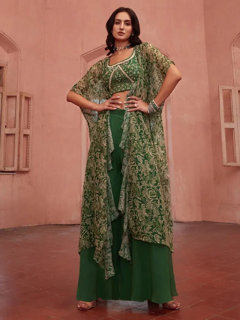 Green georgette embroidered blouse jacket style co-ord