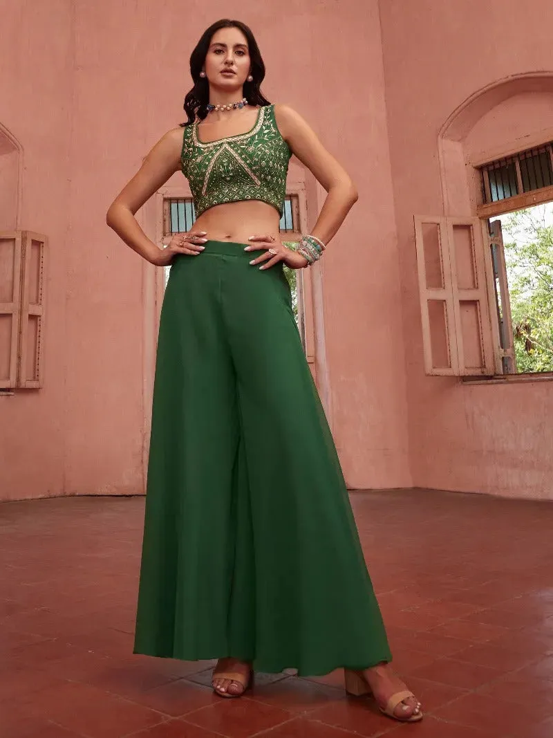 Green georgette embroidered blouse jacket style co-ord