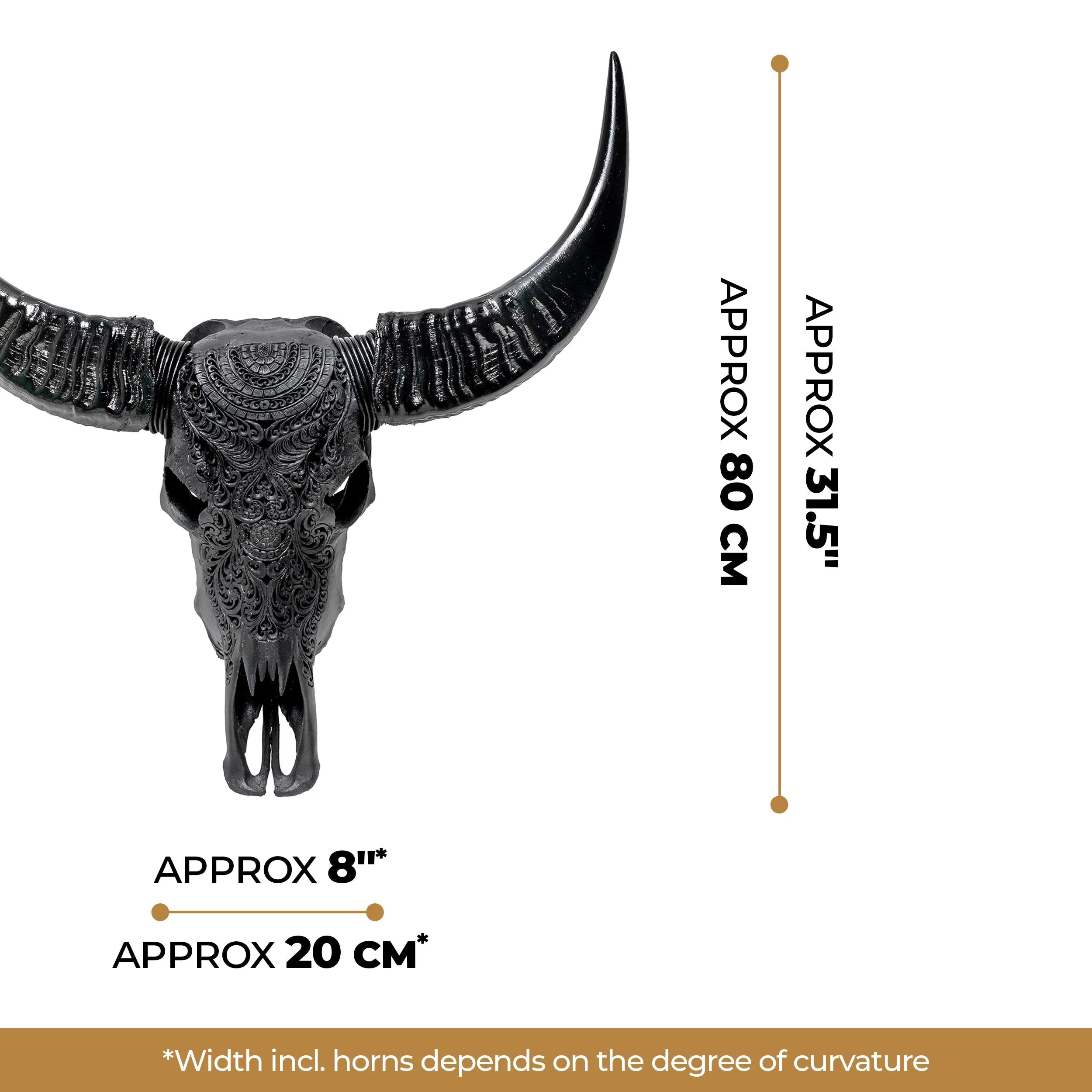 Hand Carved Buffalo Skull - Matte Black Boho