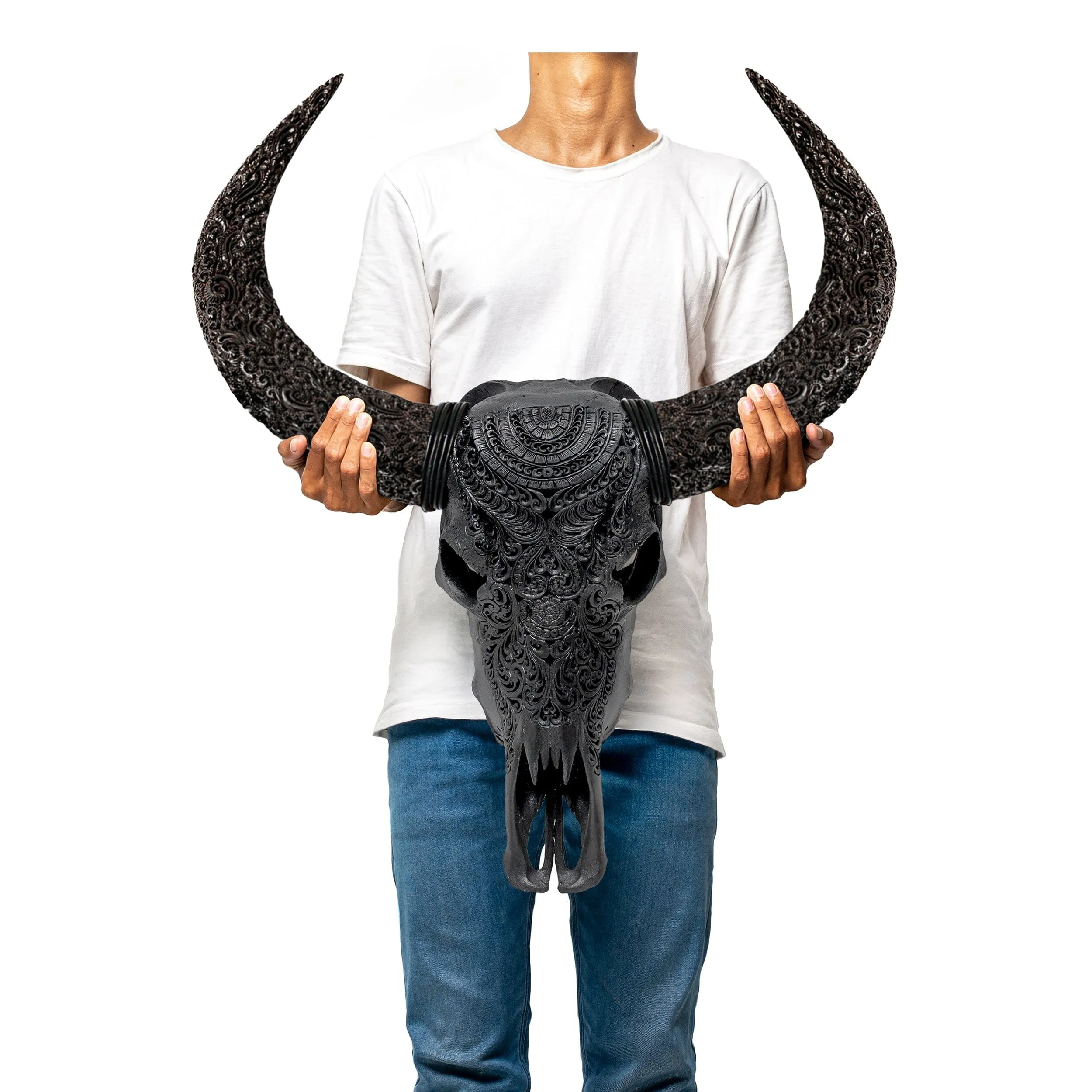 Hand Carved Buffalo Skull - Matte Black Boho