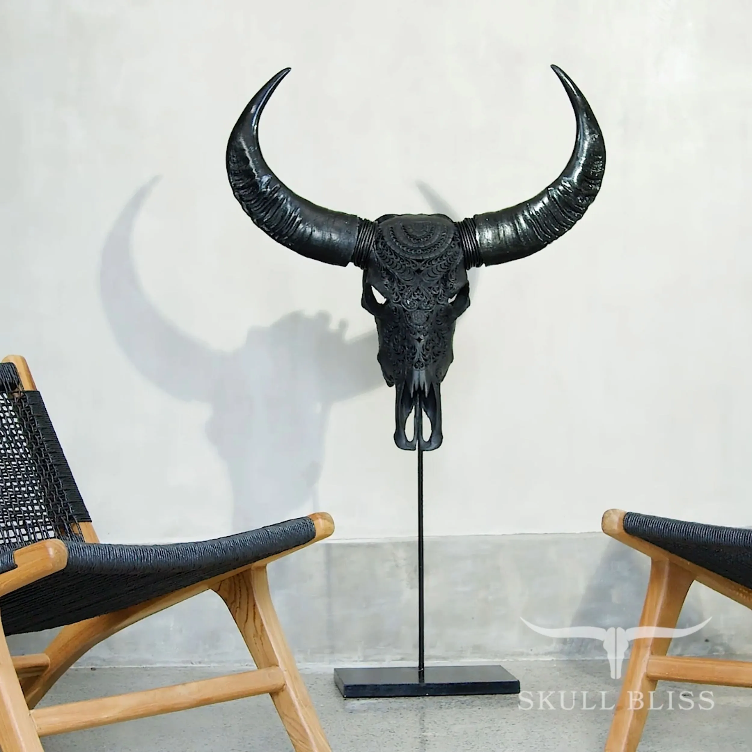 Hand Carved Buffalo Skull - Matte Black Boho