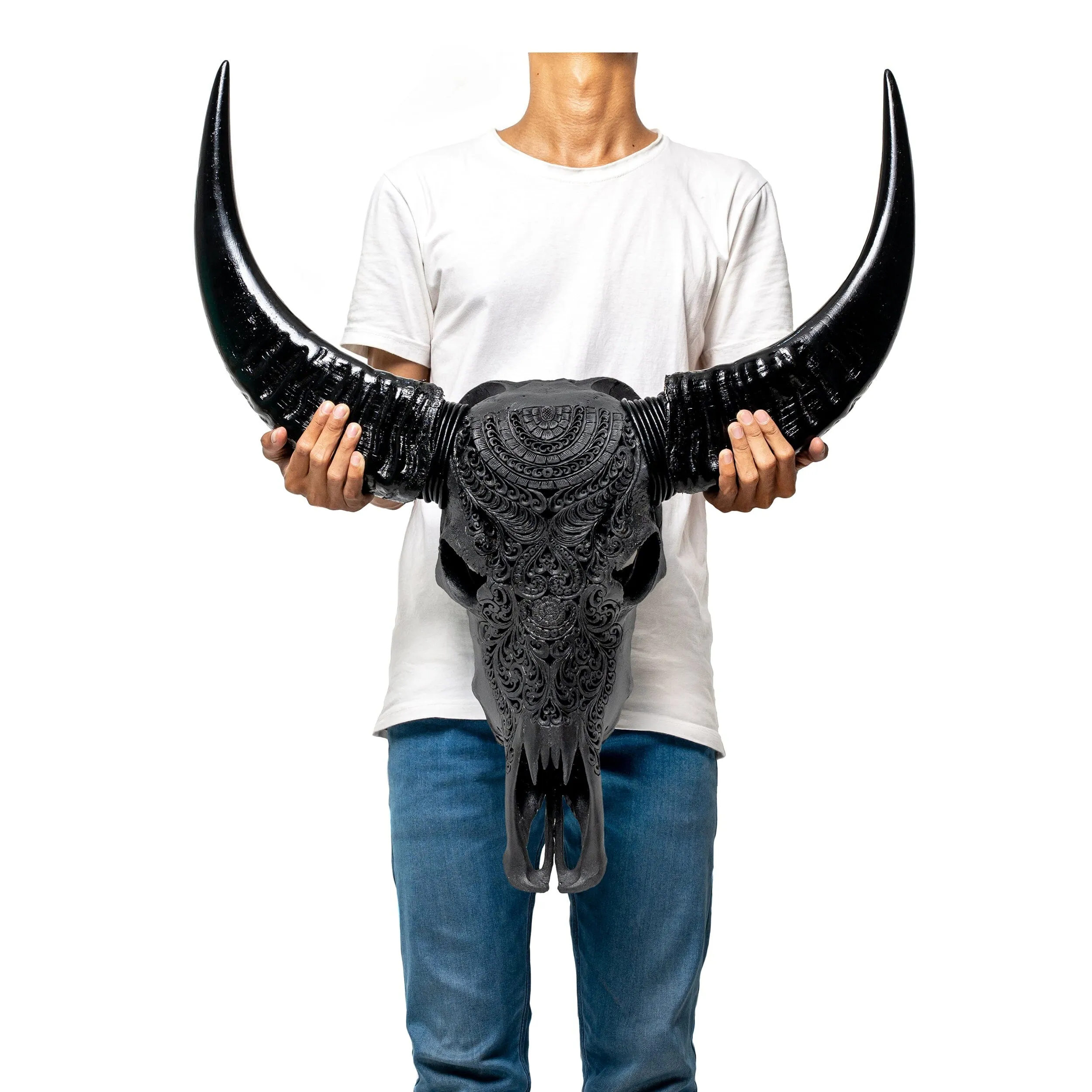 Hand Carved Buffalo Skull - Matte Black Boho