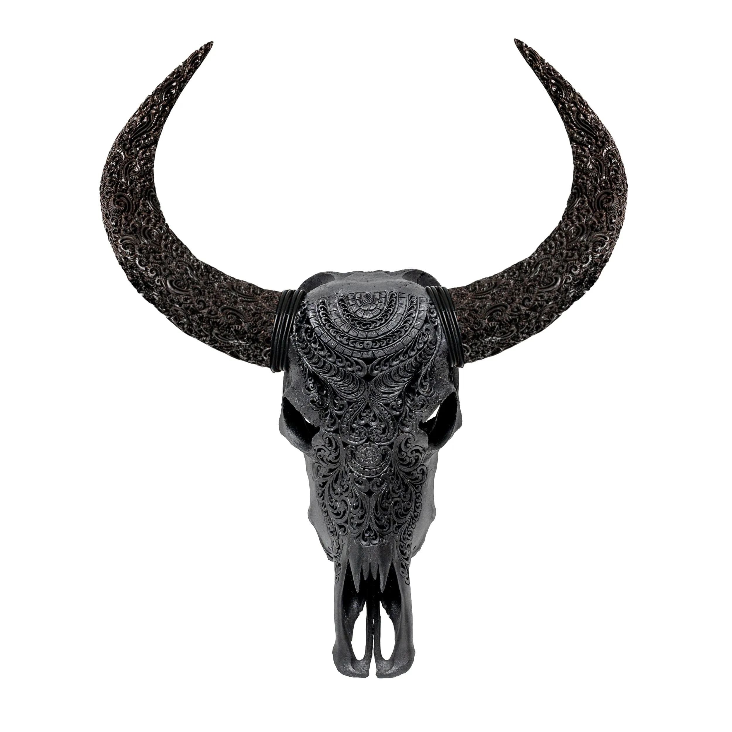 Hand Carved Buffalo Skull - Matte Black Boho