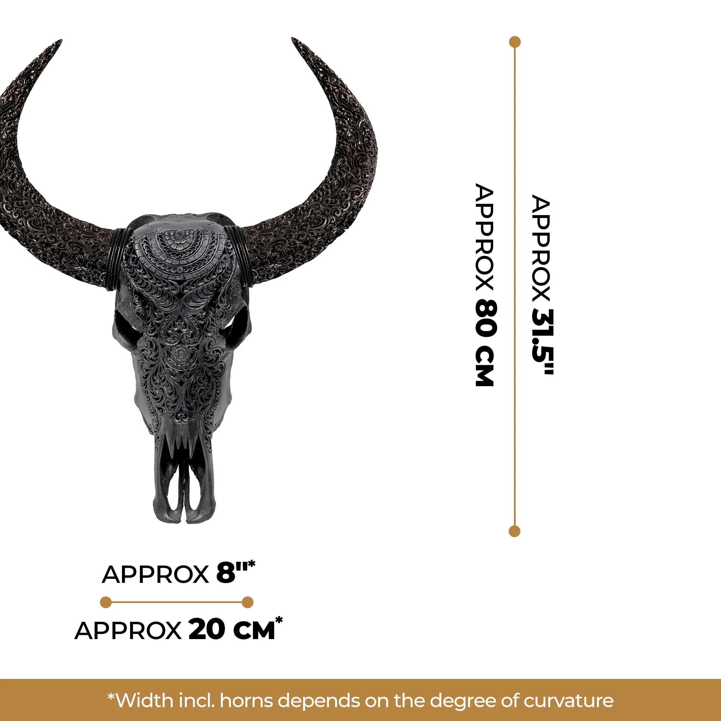 Hand Carved Buffalo Skull - Matte Black Boho