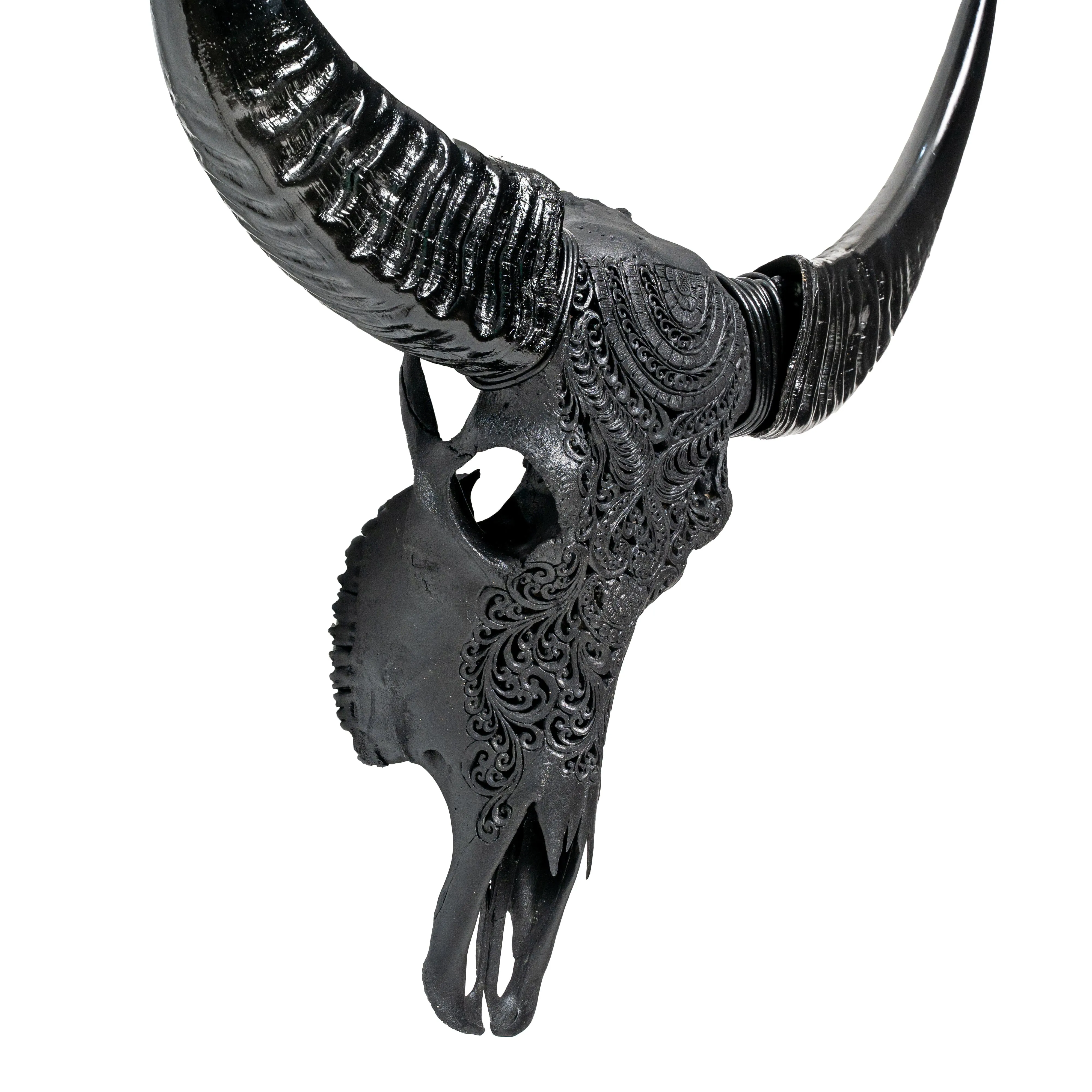 Hand Carved Buffalo Skull - Matte Black Boho